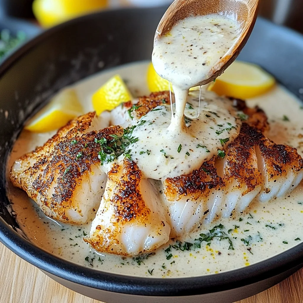 Baked Cod with Creamy Garlic Sauce & Lemon