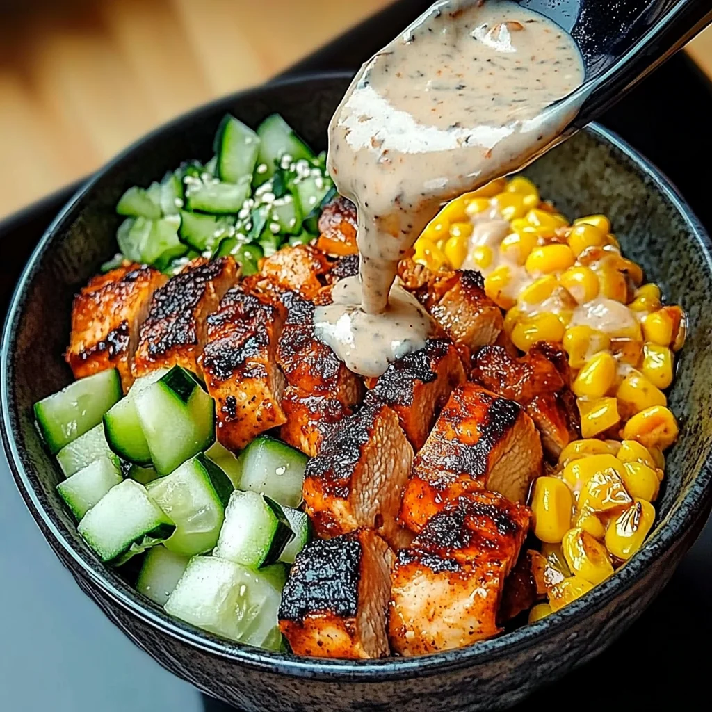 Chipotle Chicken Bowl with Corn, Cucumber & Creamy Sauce