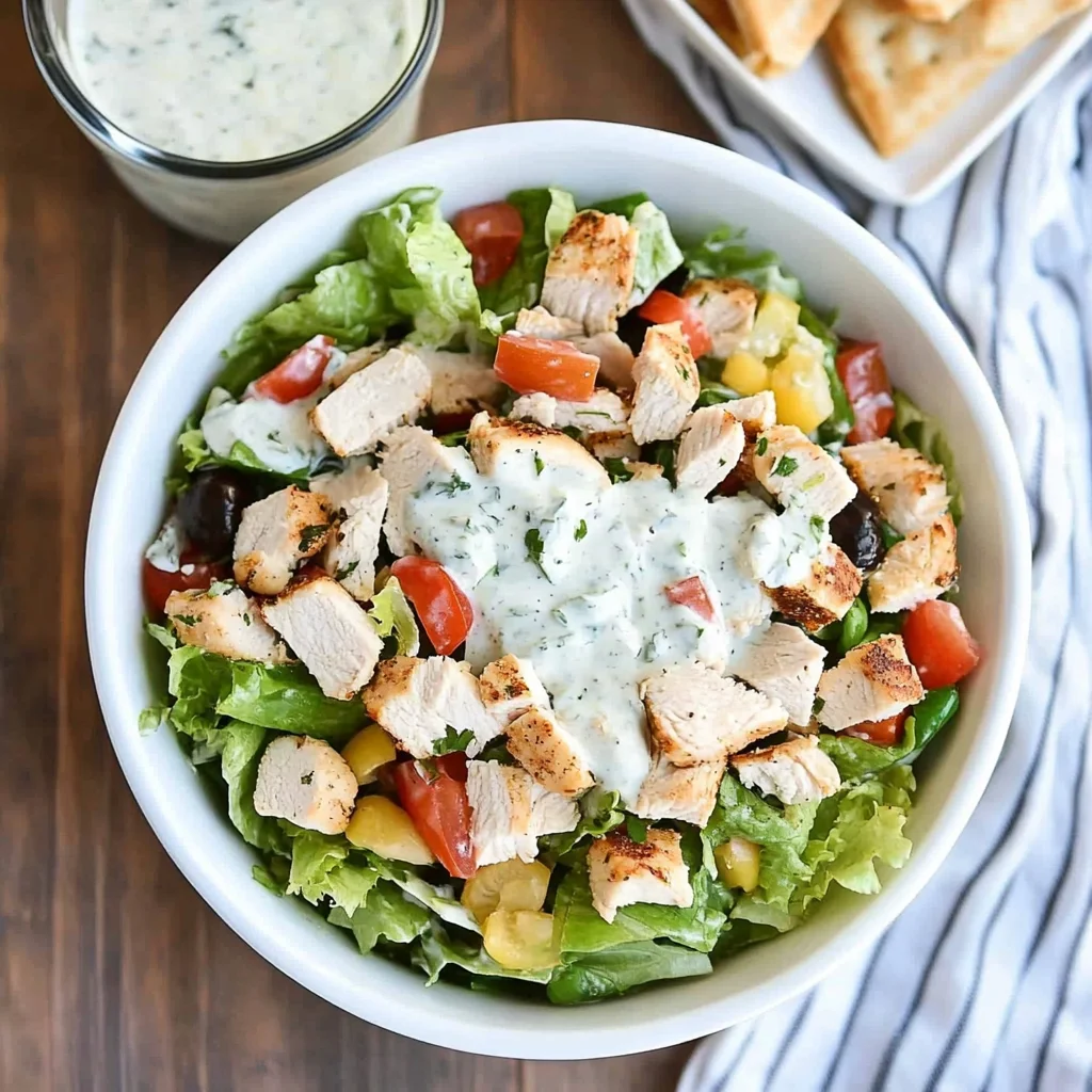 Chopped Greek Chicken Salad with Pita Croutons and Tzatziki Dressing