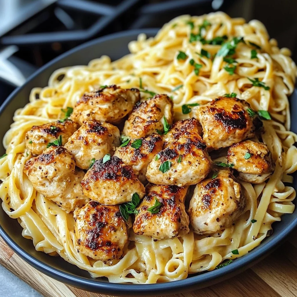 Golden Garlic Chicken with Velvety creamy Parmesan Linguine