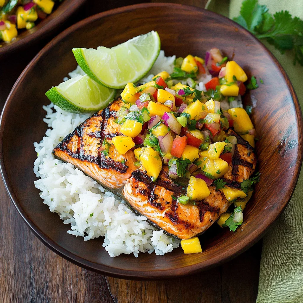 Grilled Salmon with Mango Salsa and Coconut Rice