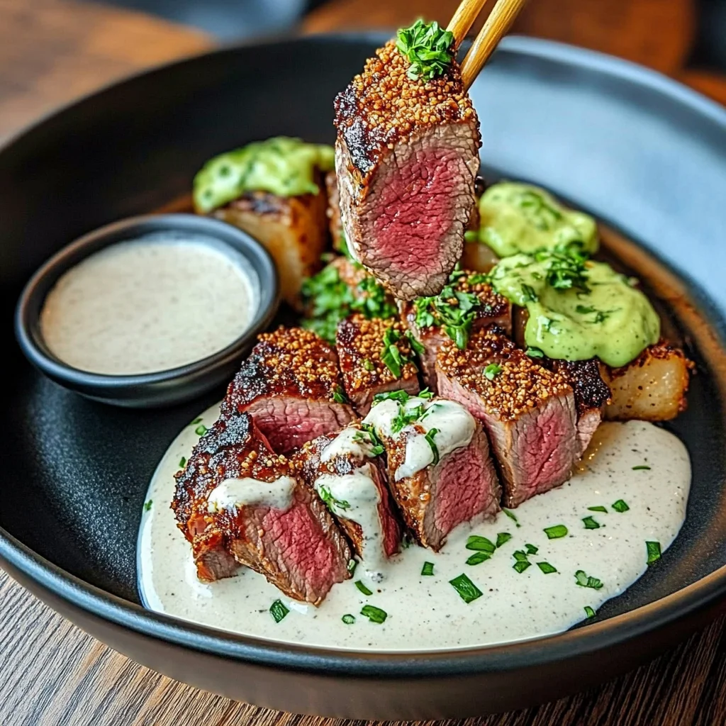 Grilled Sesame-Crusted beef Tenderloin with Creamy Sauce