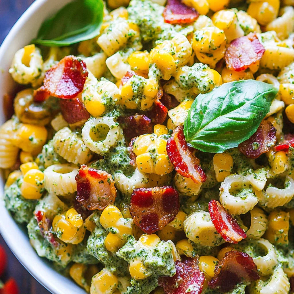 Corn Pasta Salad with Turkey Bacon and Creamy Pesto Dressing