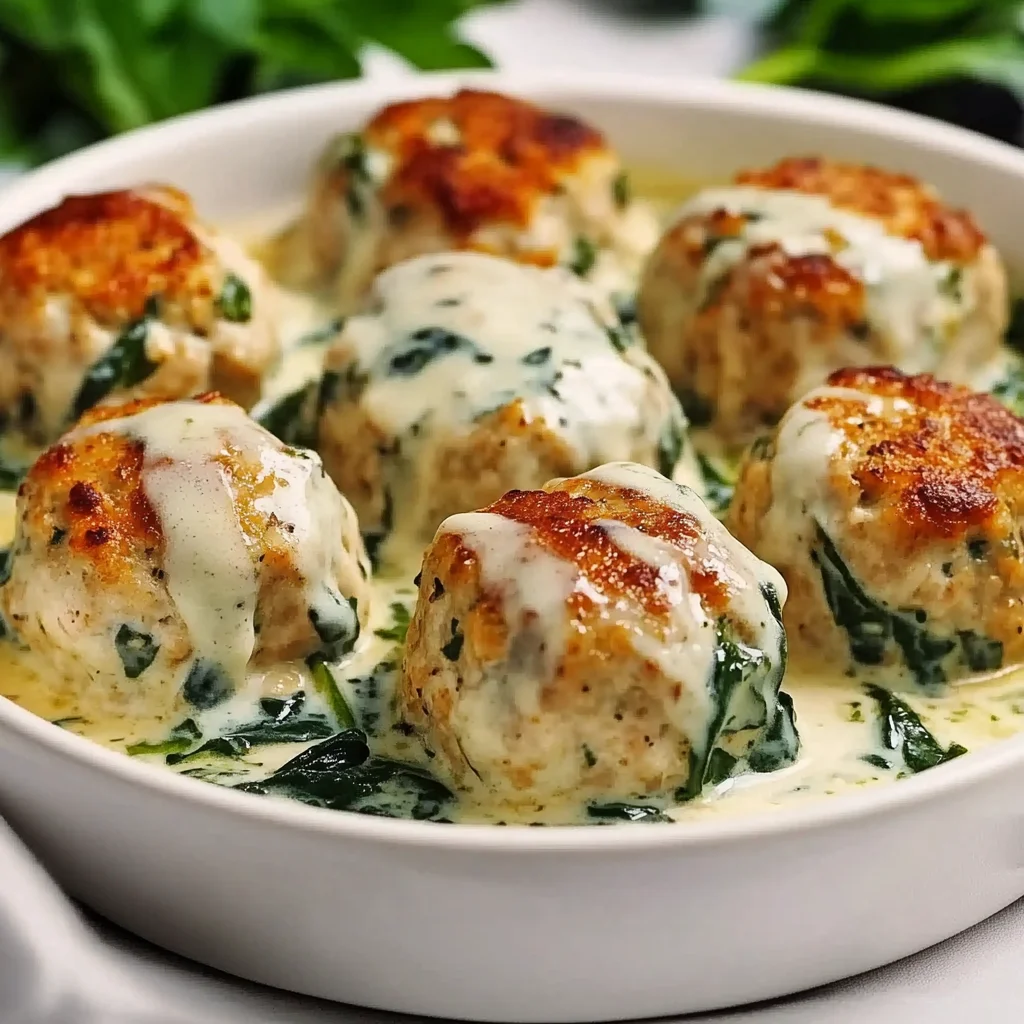 Baked Chicken Ricotta Meatballs with Spinach Alfredo Sauce