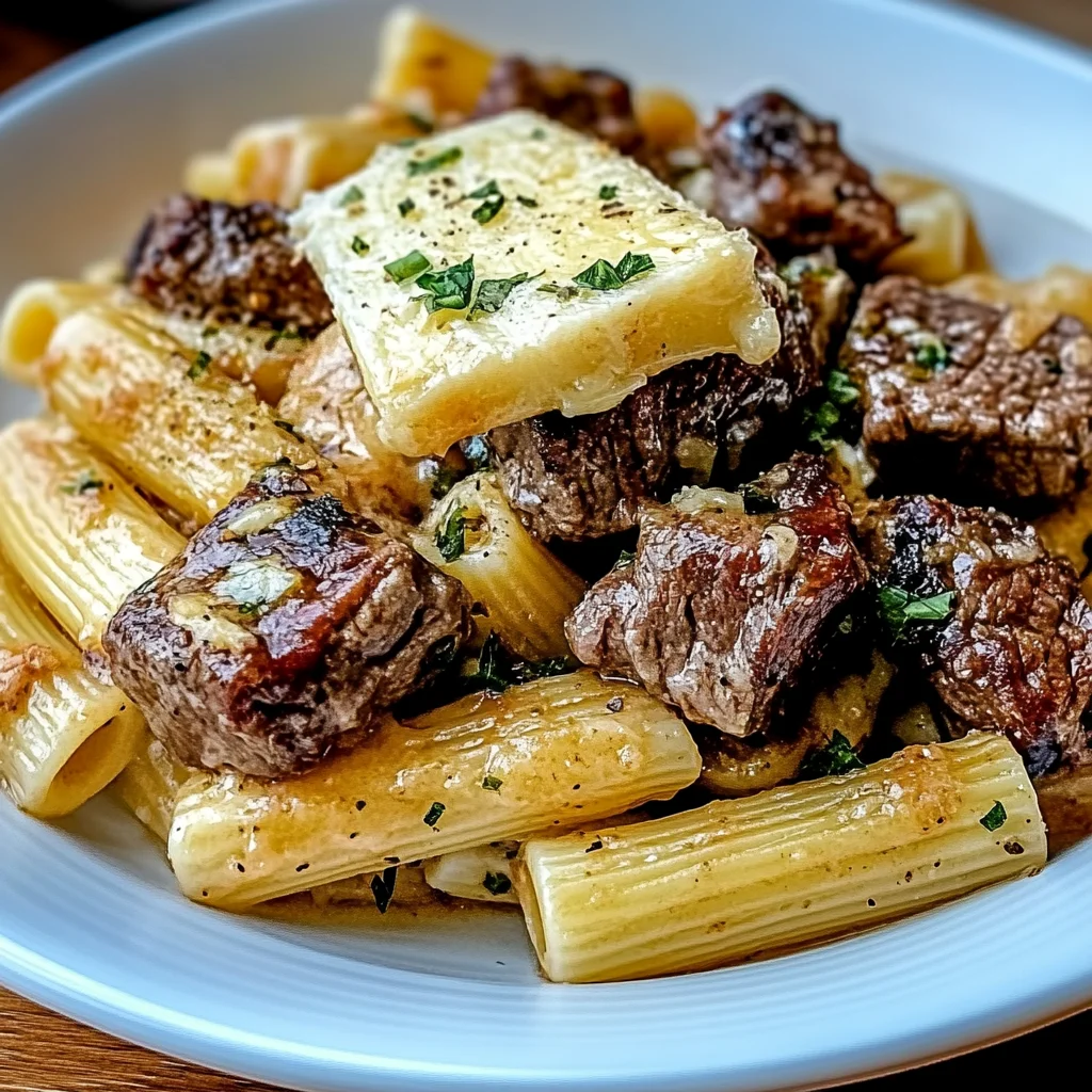 Garlic Butter Steak Tips with Cheesy Rigatoni