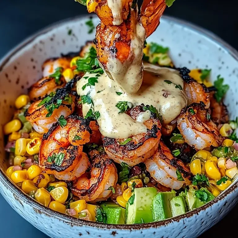 Grilled Shrimp Bowl with Avocado, Corn Salsa & Creamy Sauce