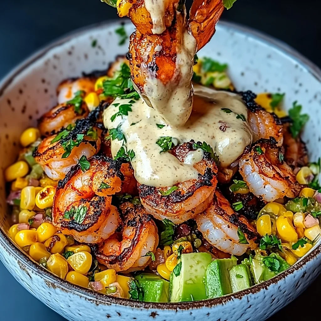 Grilled Shrimp Bowl with Avocado, Corn Salsa & Creamy Sauce