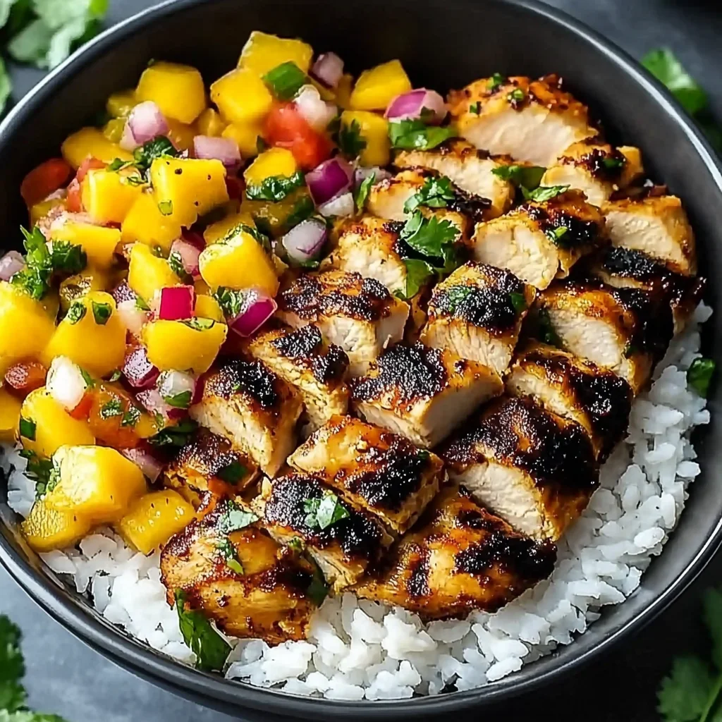 Jerk Chicken Bowls with Mango Salsa and Coconut Rice