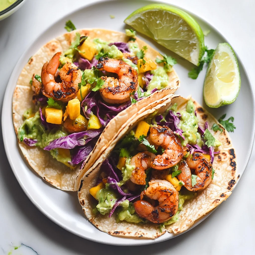 Spicy Shrimp Tacos with Mango Slaw and Avocado Crema
