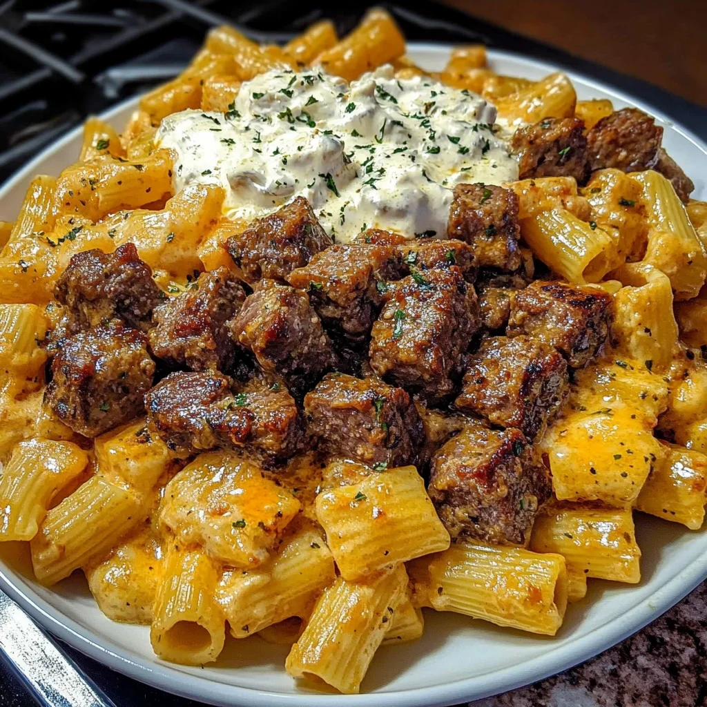 Cheesy Beef Rigatoni in Garlic Cream Sauce