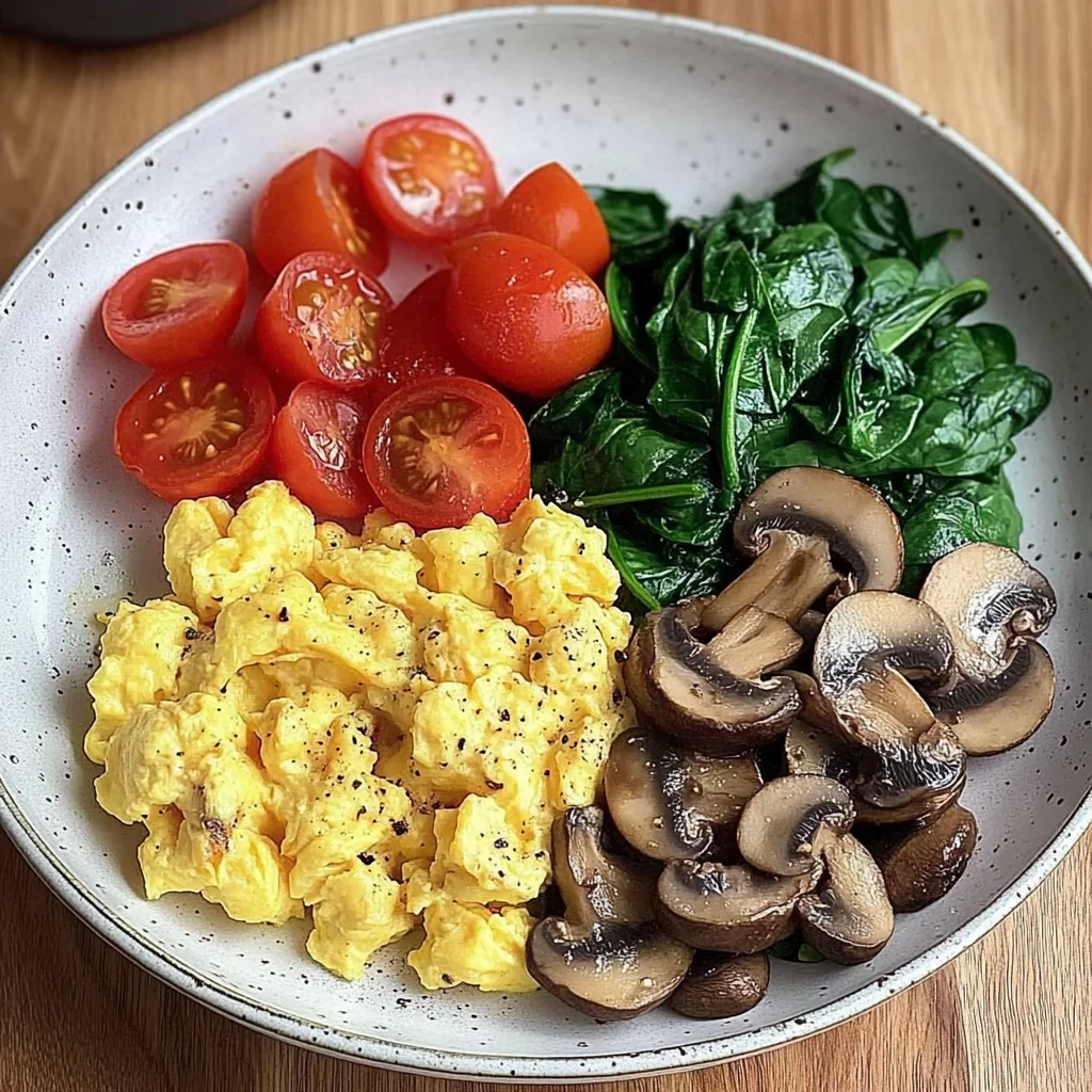 Colorful Scrambled Eggs with Mushrooms, Spinach & Tomatoes