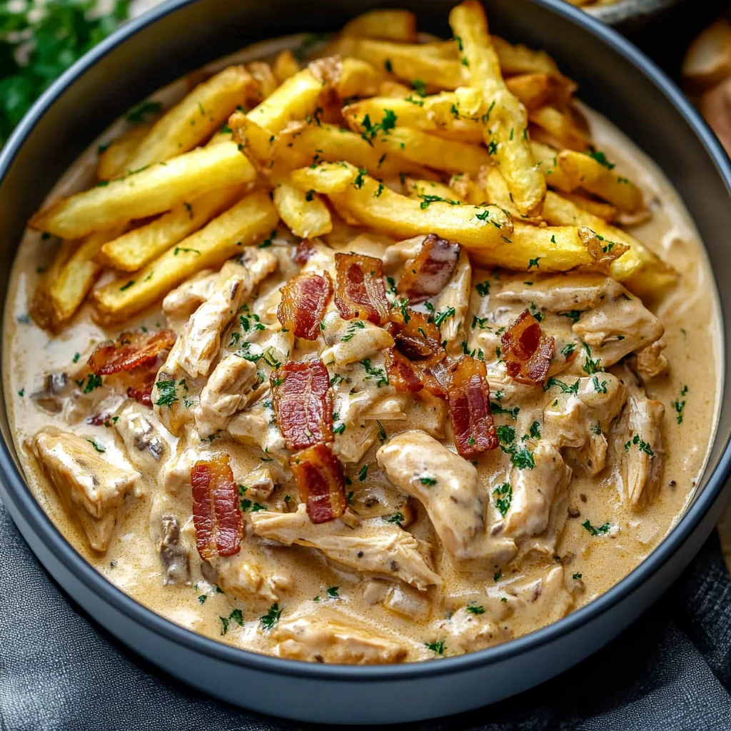Creamy Chicken Bacon Stroganoff with Golden Fries