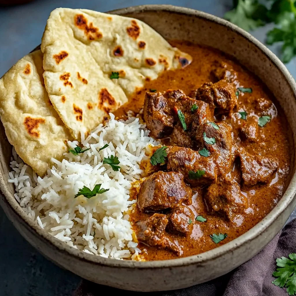 Creamy Coconut Curry Beef with Rice and Garlic Naan