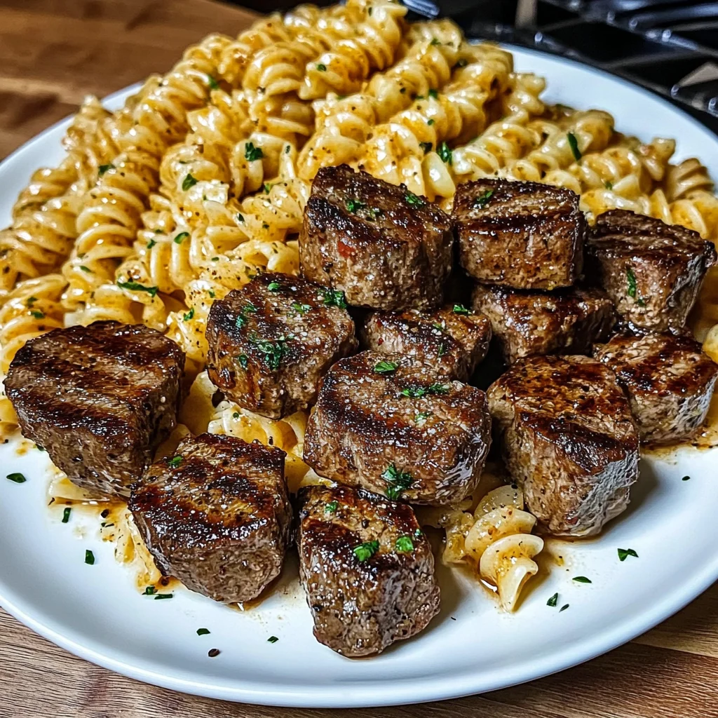 Creamy Garlic Butter Steak Bites with Spicy Cajun Alfredo Twisted Pasta