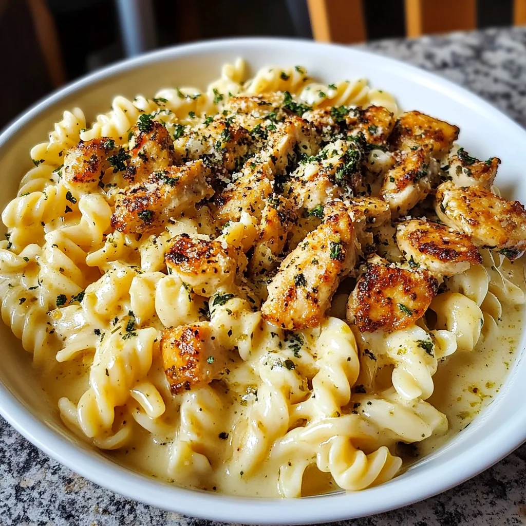 Creamy Mozzarella Alfredo with Garlic Chicken Twisted Pasta