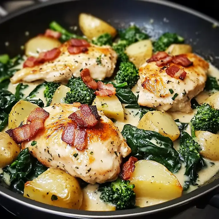 Garlic Butter Chicken Skillet with Bacon, Spinach, Broccoli & Potatoes