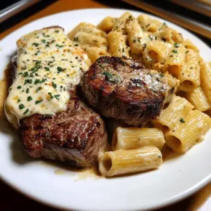 Garlic Cream Steak with Rigatoni in Provolone Cream Sauce