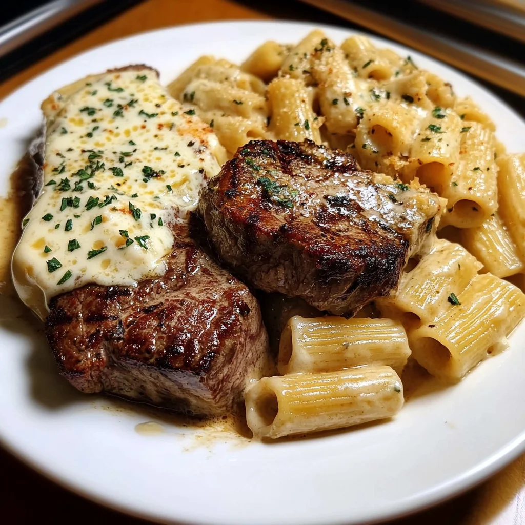 Garlic Cream Steak with Rigatoni in Provolone Cream Sauce