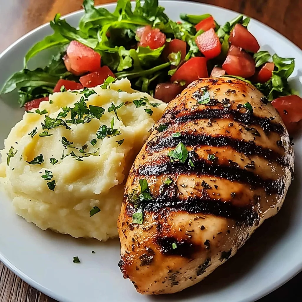 Grilled Garlic Herb Chicken with Creamy Mashed Potatoes & Fresh Garden Salad