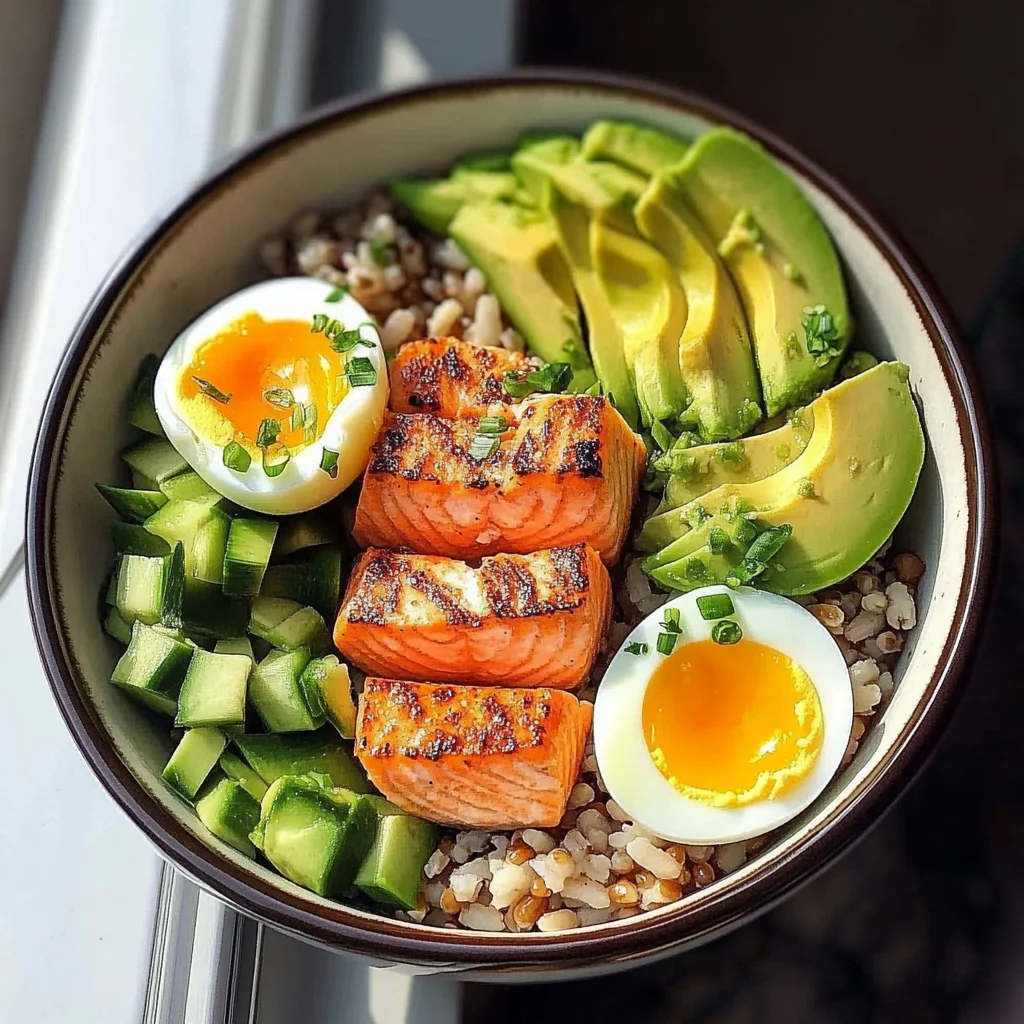 Salmon, Brown Rice & Soft-Boiled Egg Bowl with Avocado