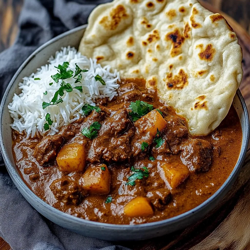 Slow-Cooked Beef Curry with Creamy Coconut Sauce & Garlic Naan