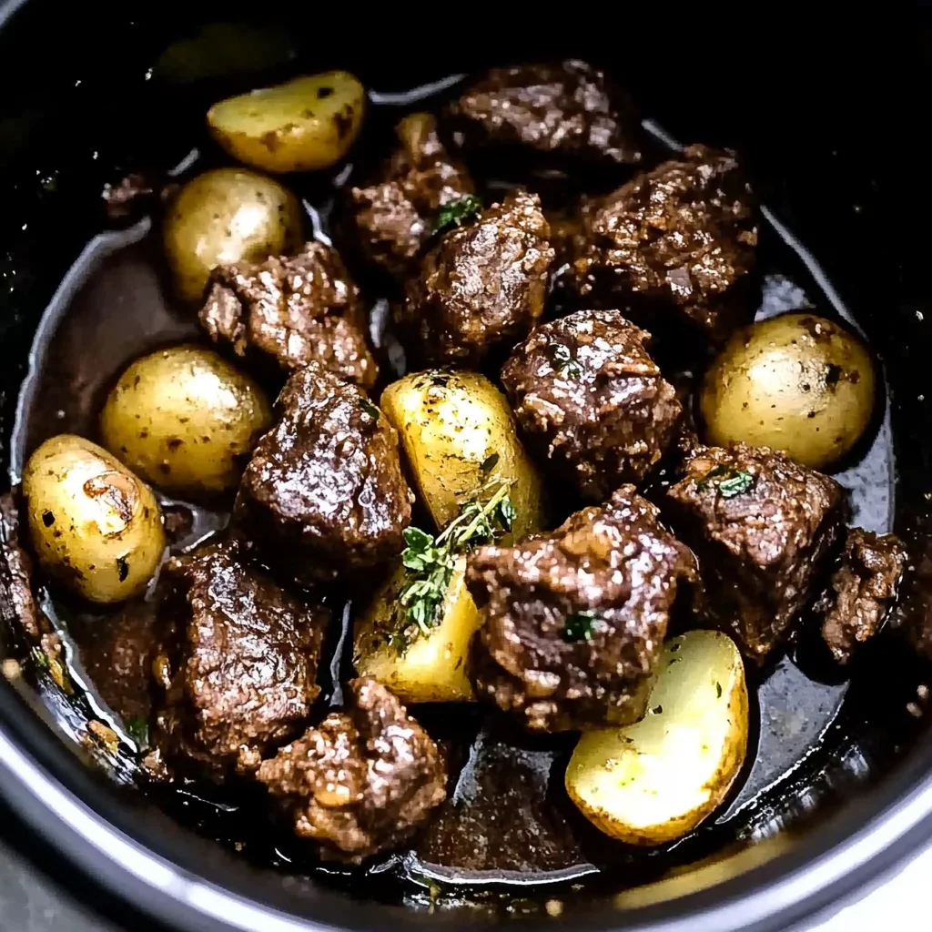 crockpot garlic butter beef bites with potatoes