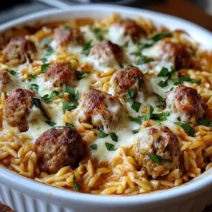 Creamy Baked Orzo With Meatballs is a must-try recipe!