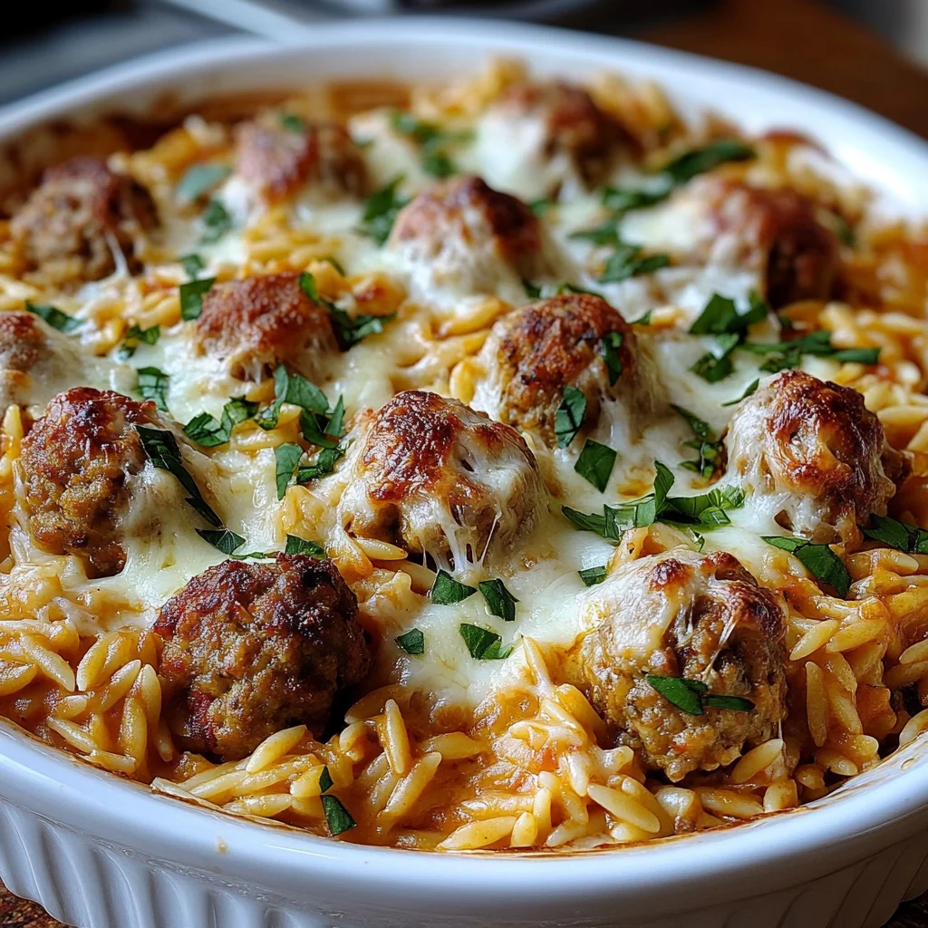 Creamy Baked Orzo With Meatballs is a must-try recipe!