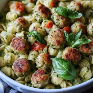 Creamy Baked Pesto Pasta with Chicken Meatballs