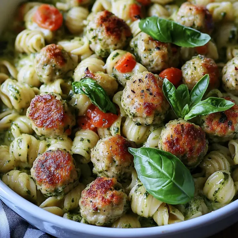 Creamy Baked Pesto Pasta with Chicken Meatballs