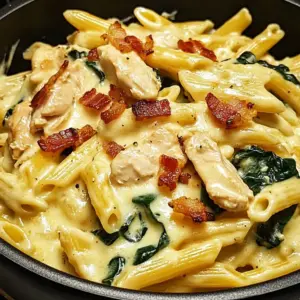 Creamy Garlic Chicken Bacon Penne with Spinach