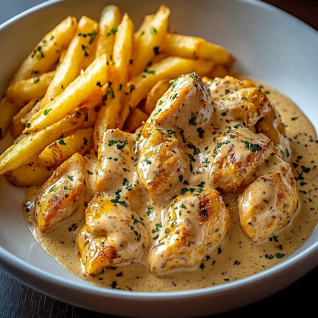 Creamy Garlic Herb Chicken with Crispy Fries