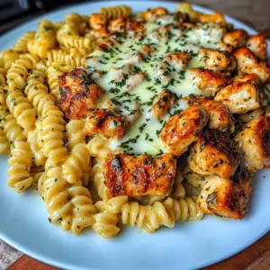 Garlic Butter Chicken Rotini with Melted Mozzarella
