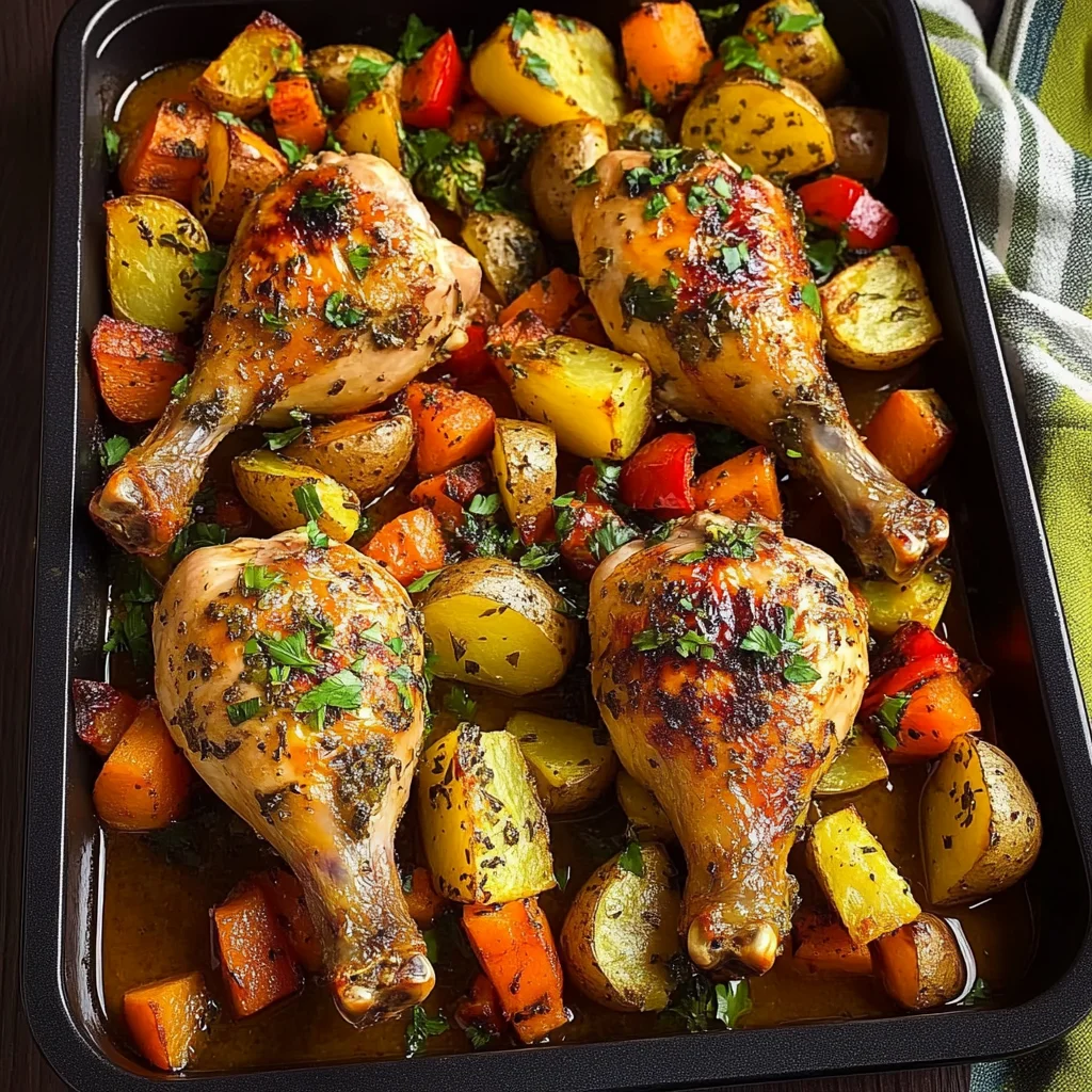 Herb Roasted Chicken Drumsticks with Roasted Potatoes & Veggies