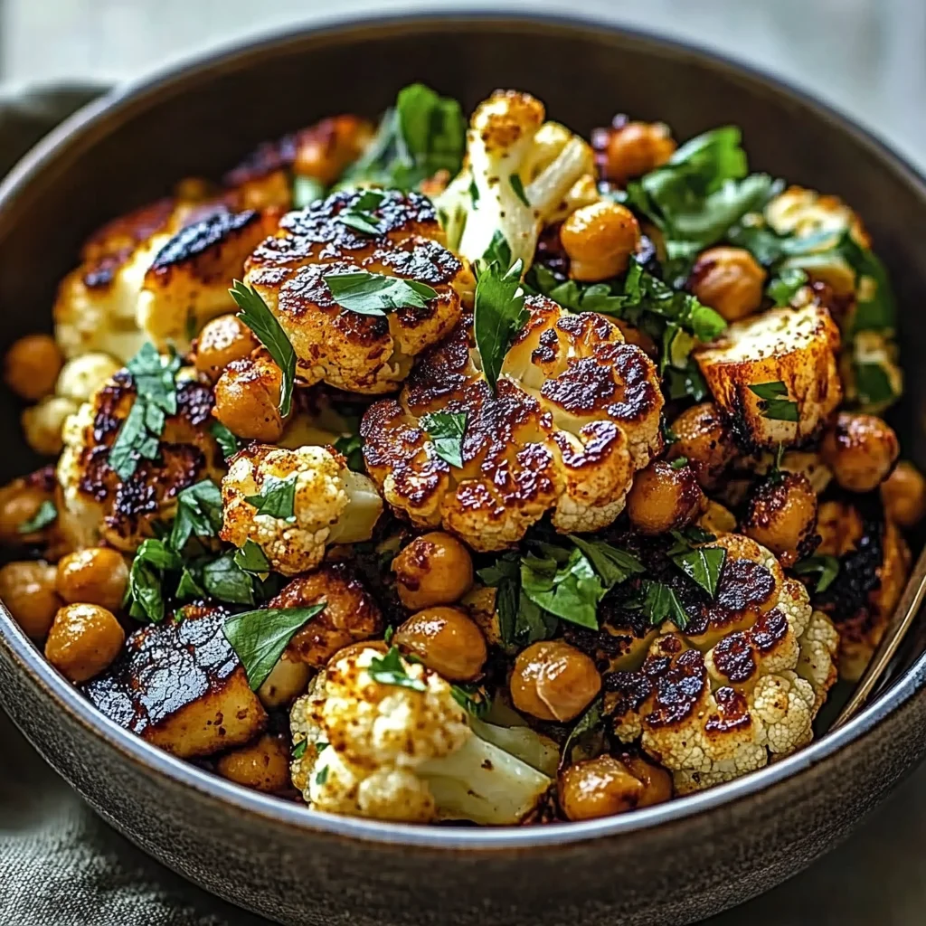 Honey Curry Roasted Cauliflower with Grilled Halloumi and Crunchy Chickpeas