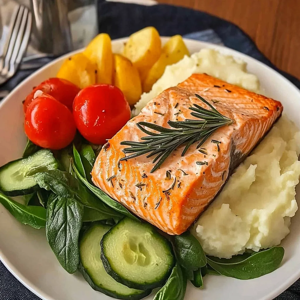 Rosemary Salmon with Mashed Potatoes & Fresh Garden Salad