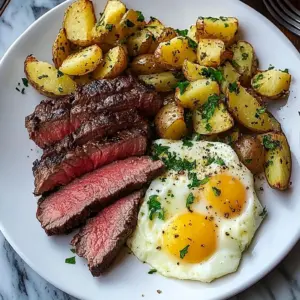 Steak, Cheesy Scrambled Eggs & Herb Potatoes
