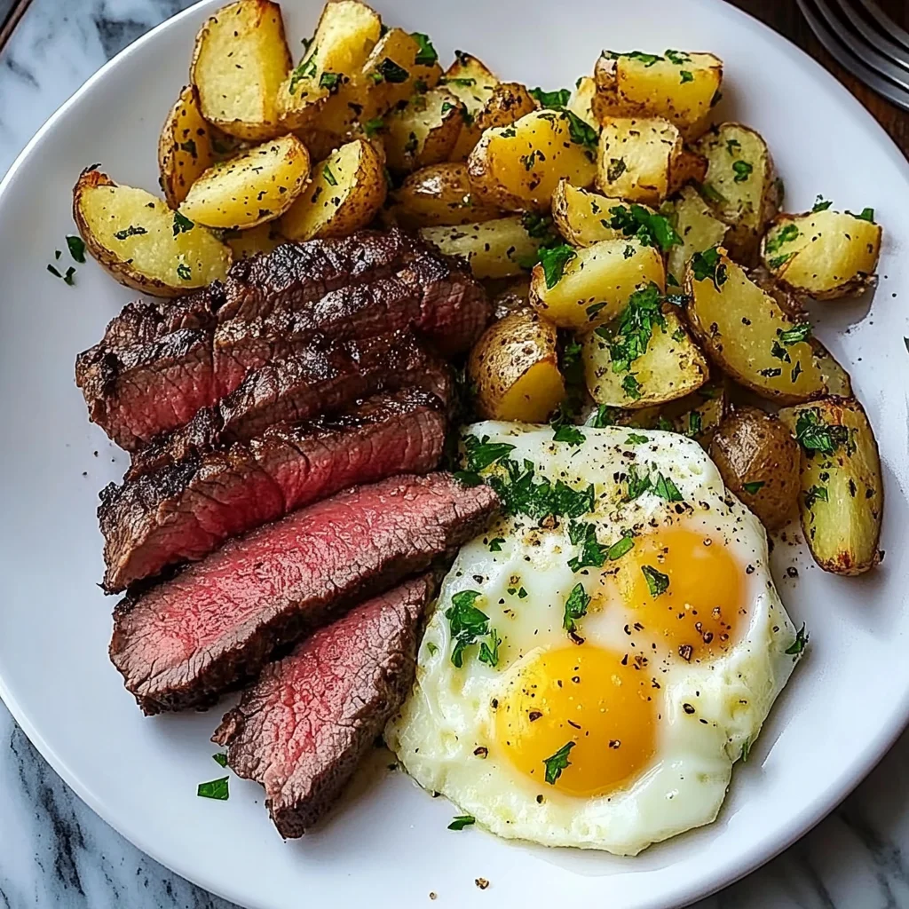 Steak, Cheesy Scrambled Eggs & Herb Potatoes