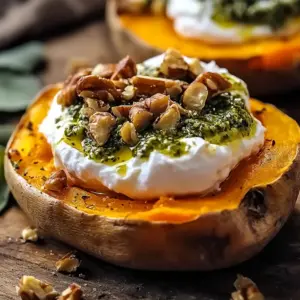 Stuffed Sweet Potatoes with Burrata, Toasted Walnuts & Sage Pesto