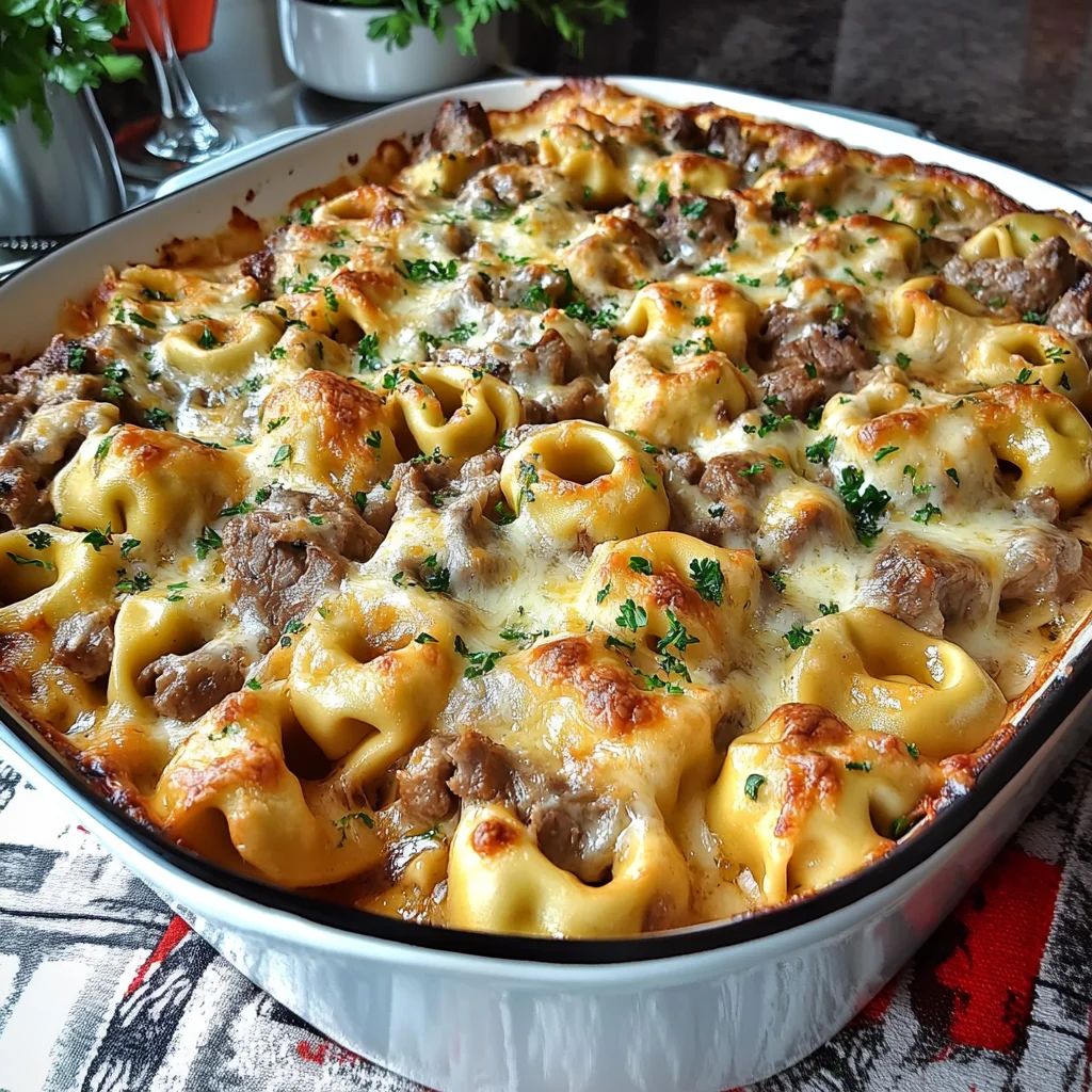 Golden Cheese Steak Tortellini Casserole