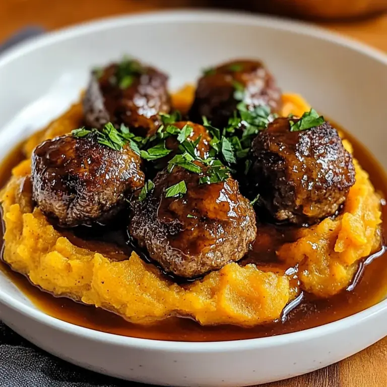 Enjoy Irresistible beef Meatballs with Sweet Potato Mash & Bourbon-Maple Sauce