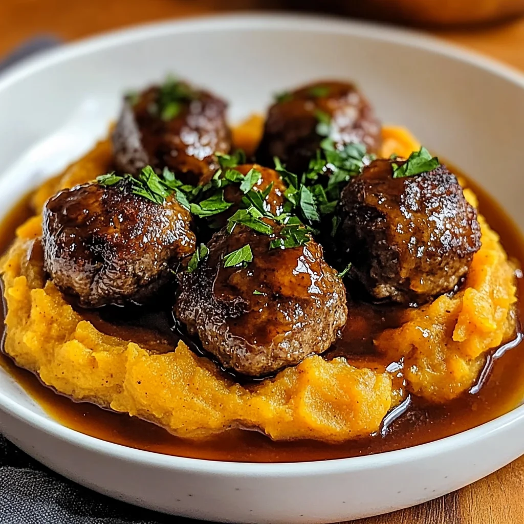 Enjoy Irresistible beef Meatballs with Sweet Potato Mash & Bourbon-Maple Sauce