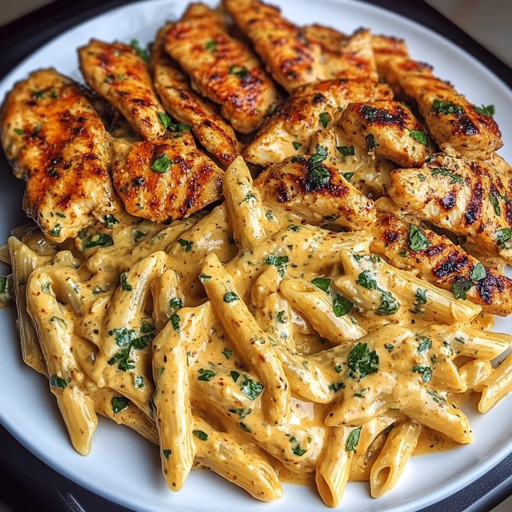Garlic Parmesan Chicken Penne in Creamy Cajun Three-Cheese Sauce