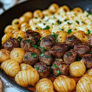Cajun Steak Bites and Cheesy Garlic Shells Skillet