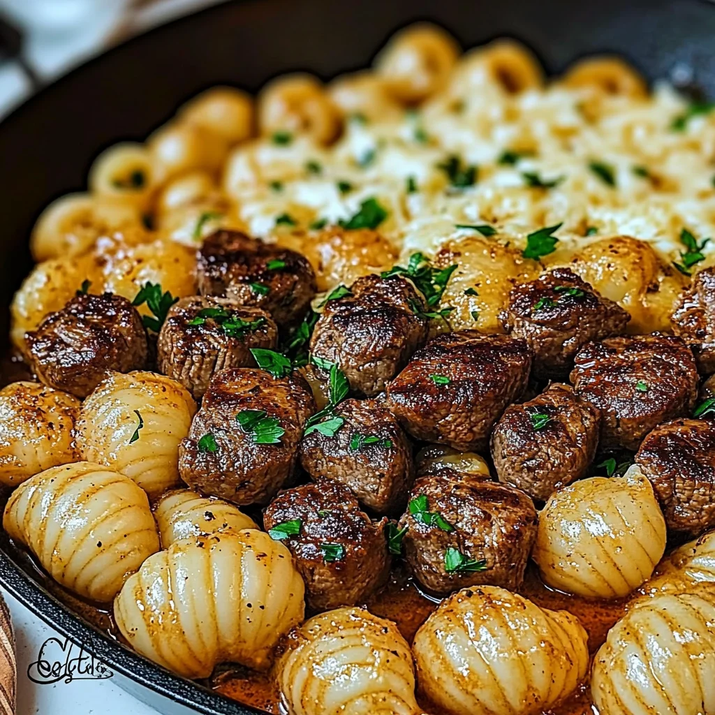Cajun Steak Bites and Cheesy Garlic Shells Skillet