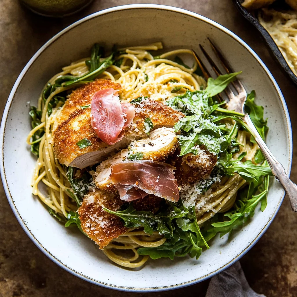 Basil Parmesan Pasta with Crispy Chicken, Prosciutto, and Arugula