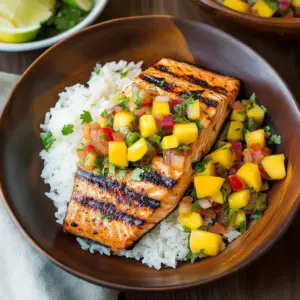 Grilled Salmon with Mango Salsa and Coconut Rice