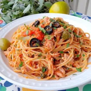 Pasta Puttanesca with Spicy Tuna